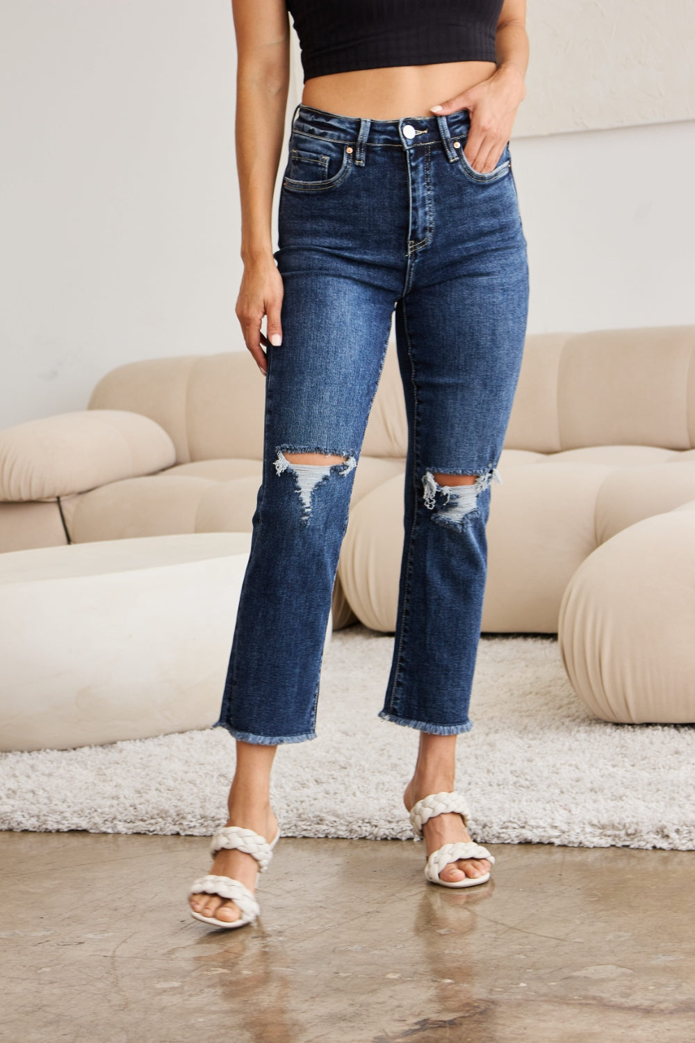 RFM Full Size Tummy Control Distressed High Waist Raw Hem Jeans Trandify deal