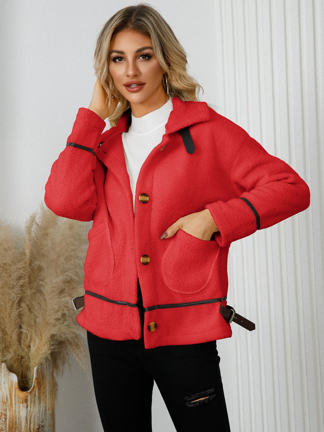 Pocketed Button Down Collared Neck Jacket Trandify Deal