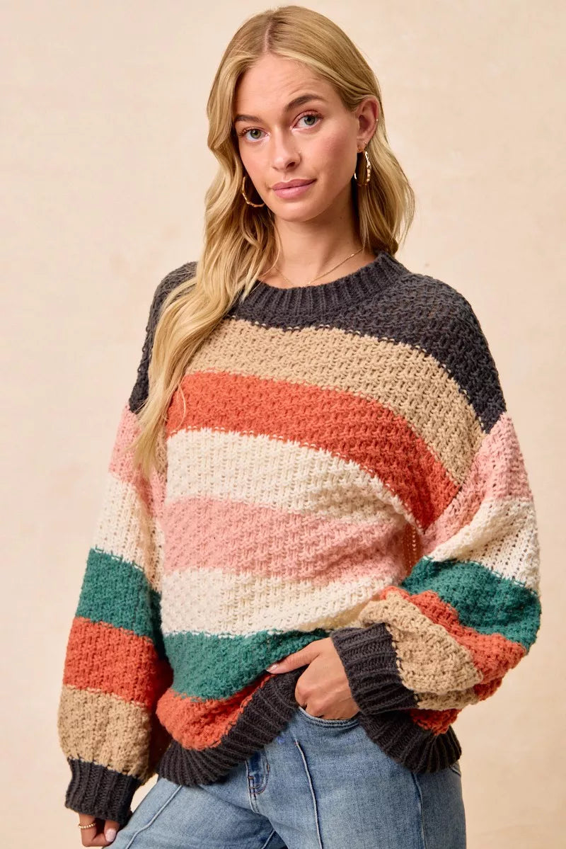 Oversized Color Block Sweater for Women | Chunky Knit Fall Top