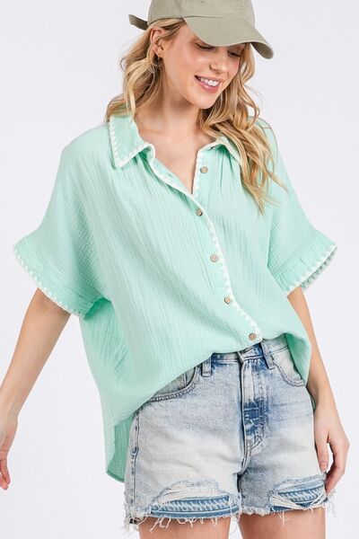 Boho Women’s Gauze Shirt with Contrast Trim – Stylish Casual Blouse