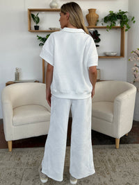 Double Take Full Size Texture Half Zip Short Sleeve Top and Pants Set - Trandify Deal