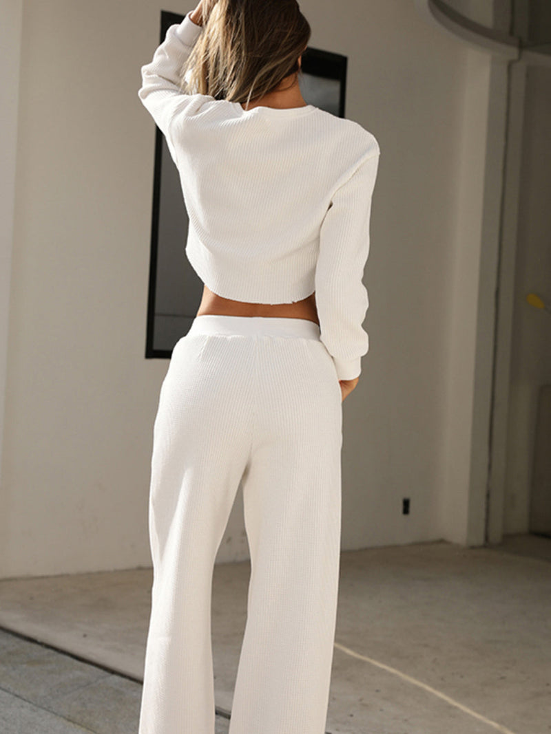 Waffle-Knit Round Neck Top and Pants Set Trandify deal