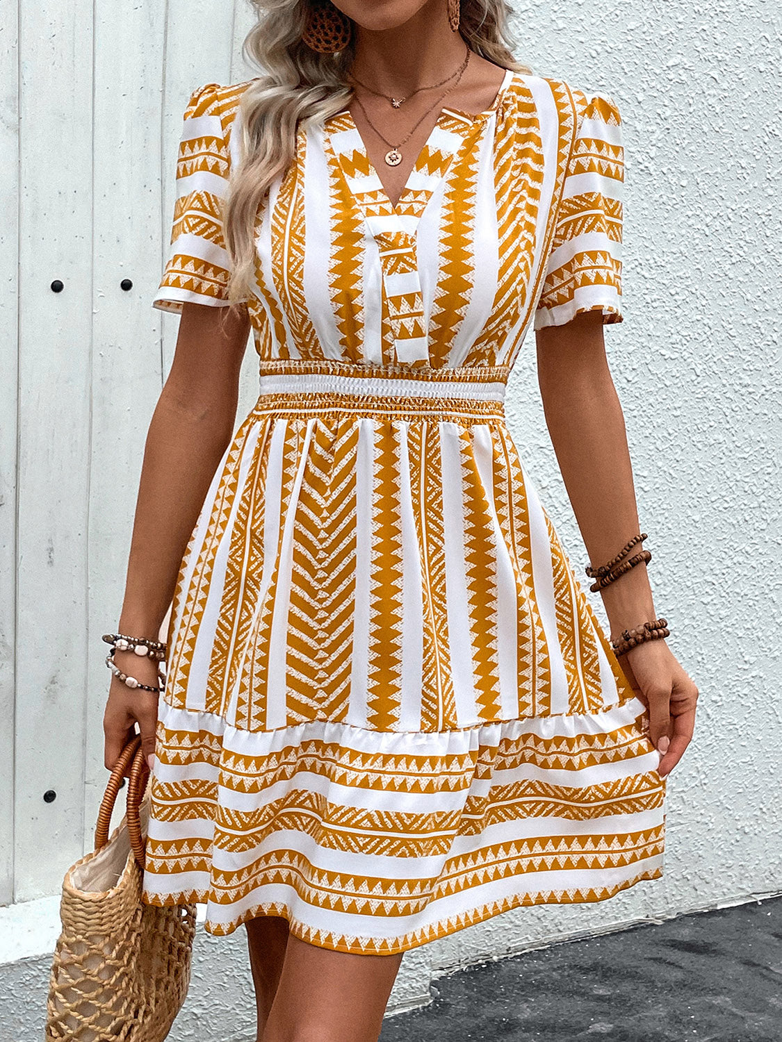 Perfee Geometric Notched Short Sleeve Mini Dress Trandify deal