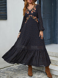 Embroidered V-Neck Long Sleeve Dress - Trandify Deal