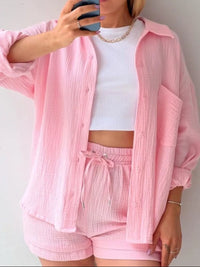 Trendy linen-blend two-piece set for women, stylish matching shirt and shorts