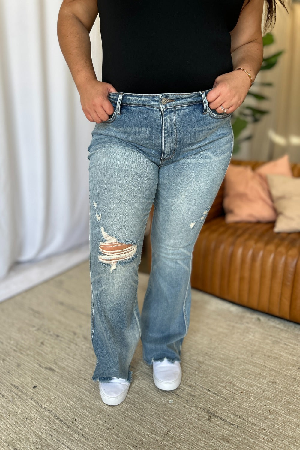 Judy Blue Full Size Medium Rise Tummy Control Destroy Flare Trandify Deal