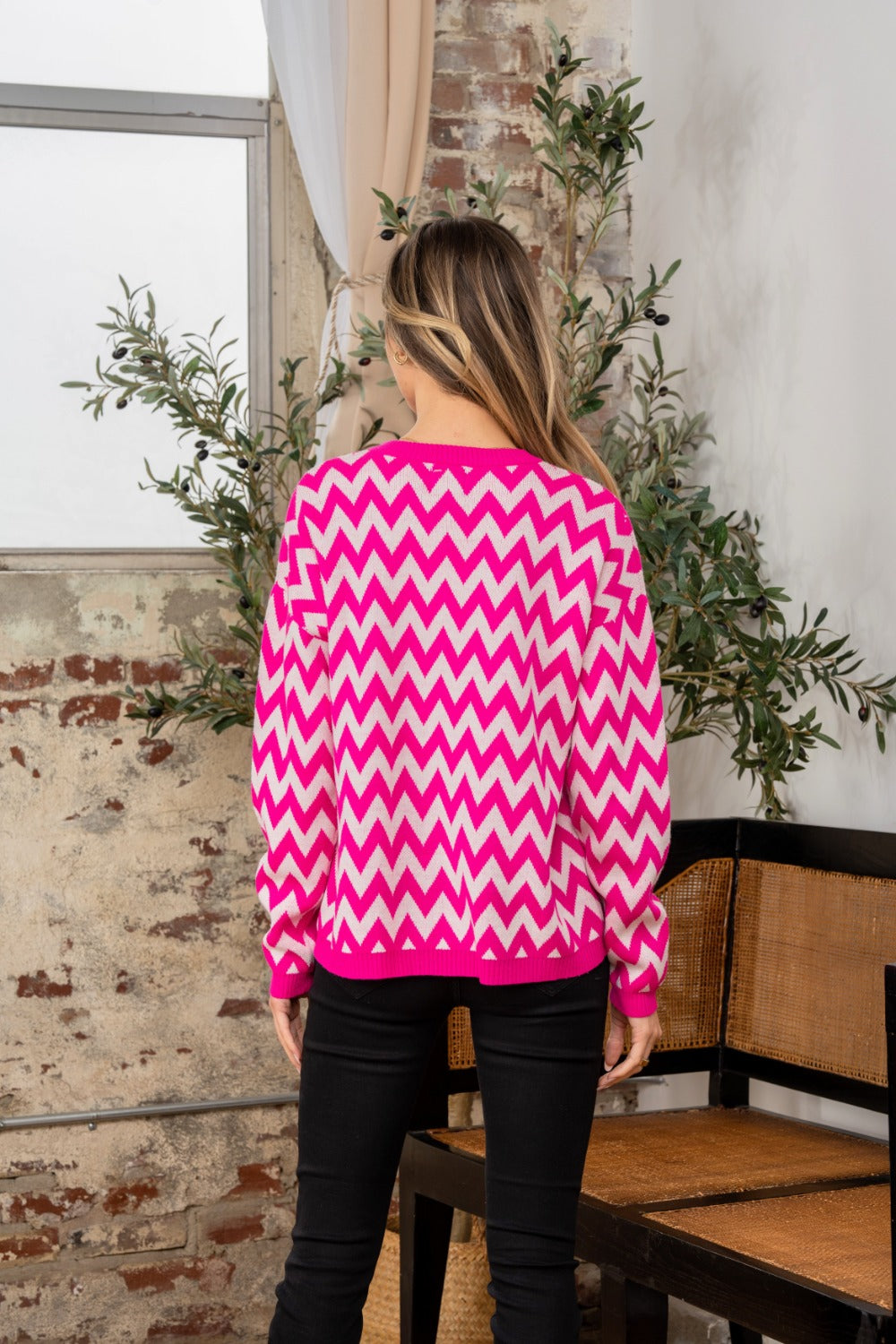Full Size Wave Stripe Contrast Long Sleeve Sweater Trandify Deal
