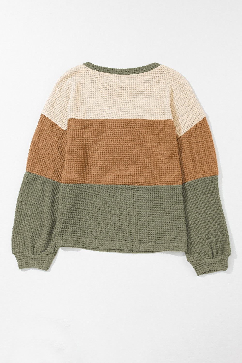 Waffle-Knit Color Block Round Neck Long Sleeve Blouse Trandify Deal
