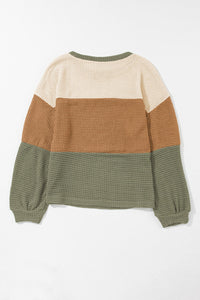 Waffle-Knit Color Block Round Neck Long Sleeve Blouse Trandify Deal