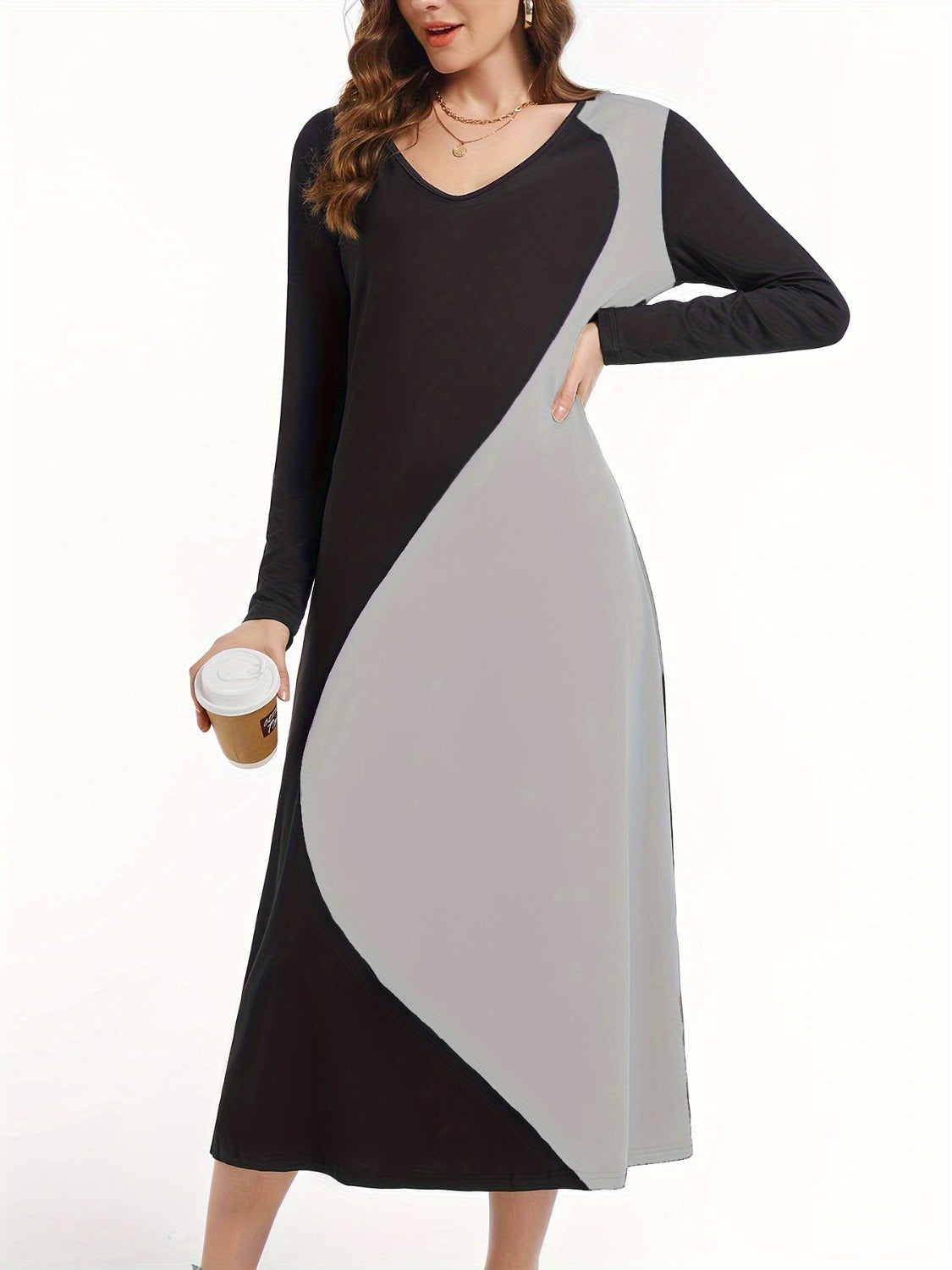 Contrast Long Sleeve Midi Dress Trandify deal