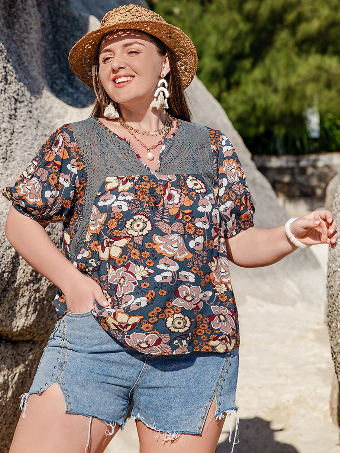 Plus Size Printed Notched Half Sleeve Blouse Trandify deal