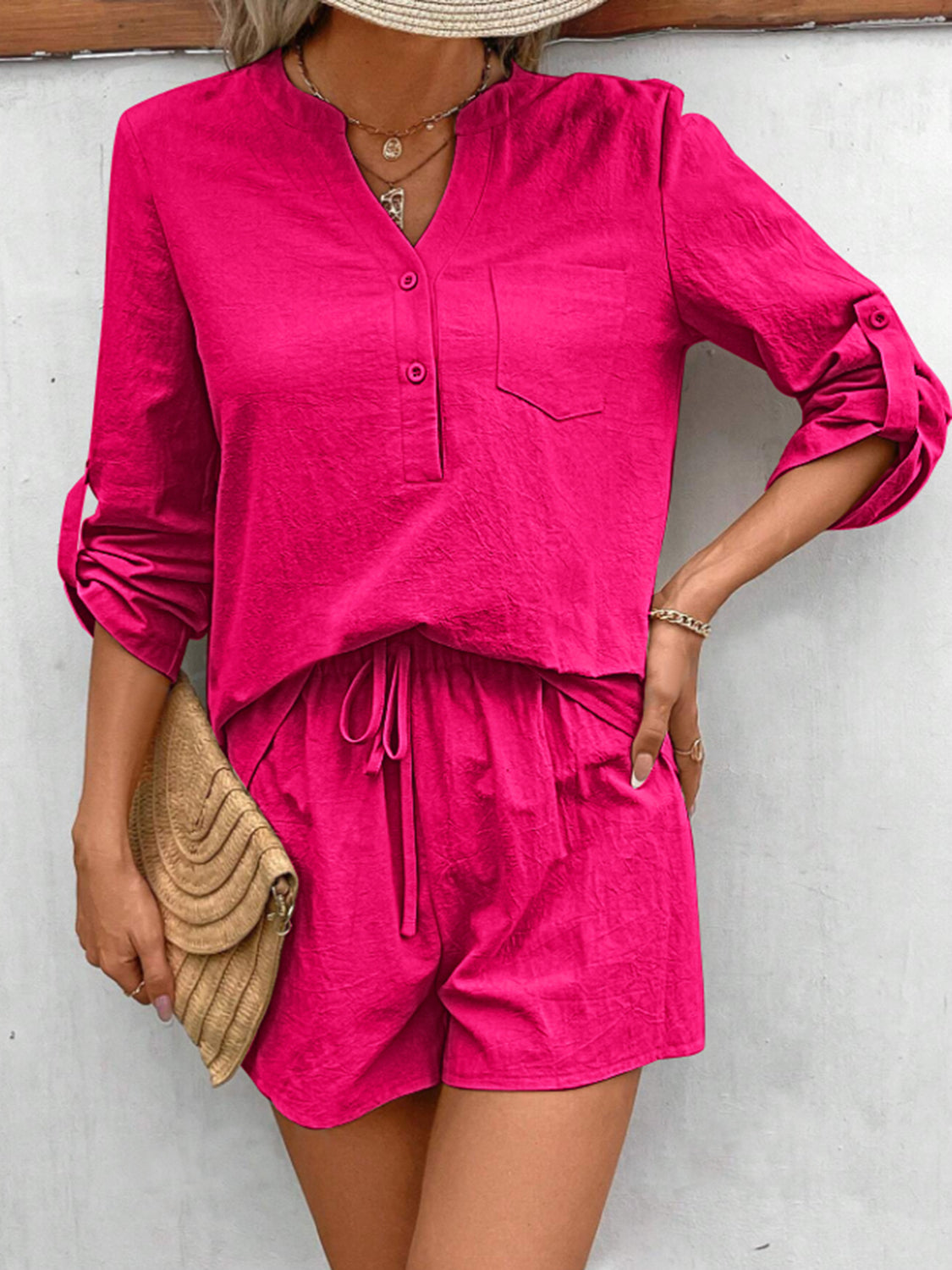Notched Long Sleeve Top and Shorts Set Trandify deal