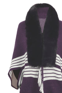 Striped Fringe Detail Long Sleeve Poncho Trandify deal