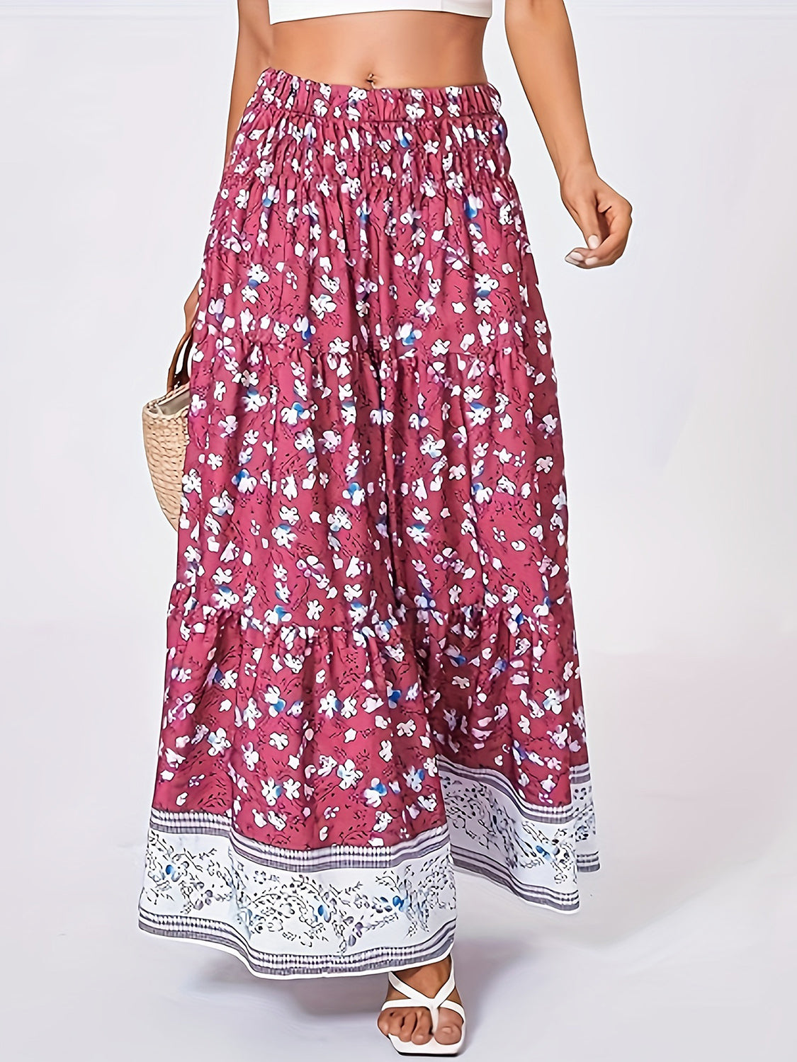 Full Size Tiered Printed Elastic Waist Skirt Trandify deal