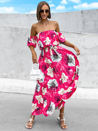 Pleated Floral Off-Shoulder Short Sleeve Midi Dress Trandify deal