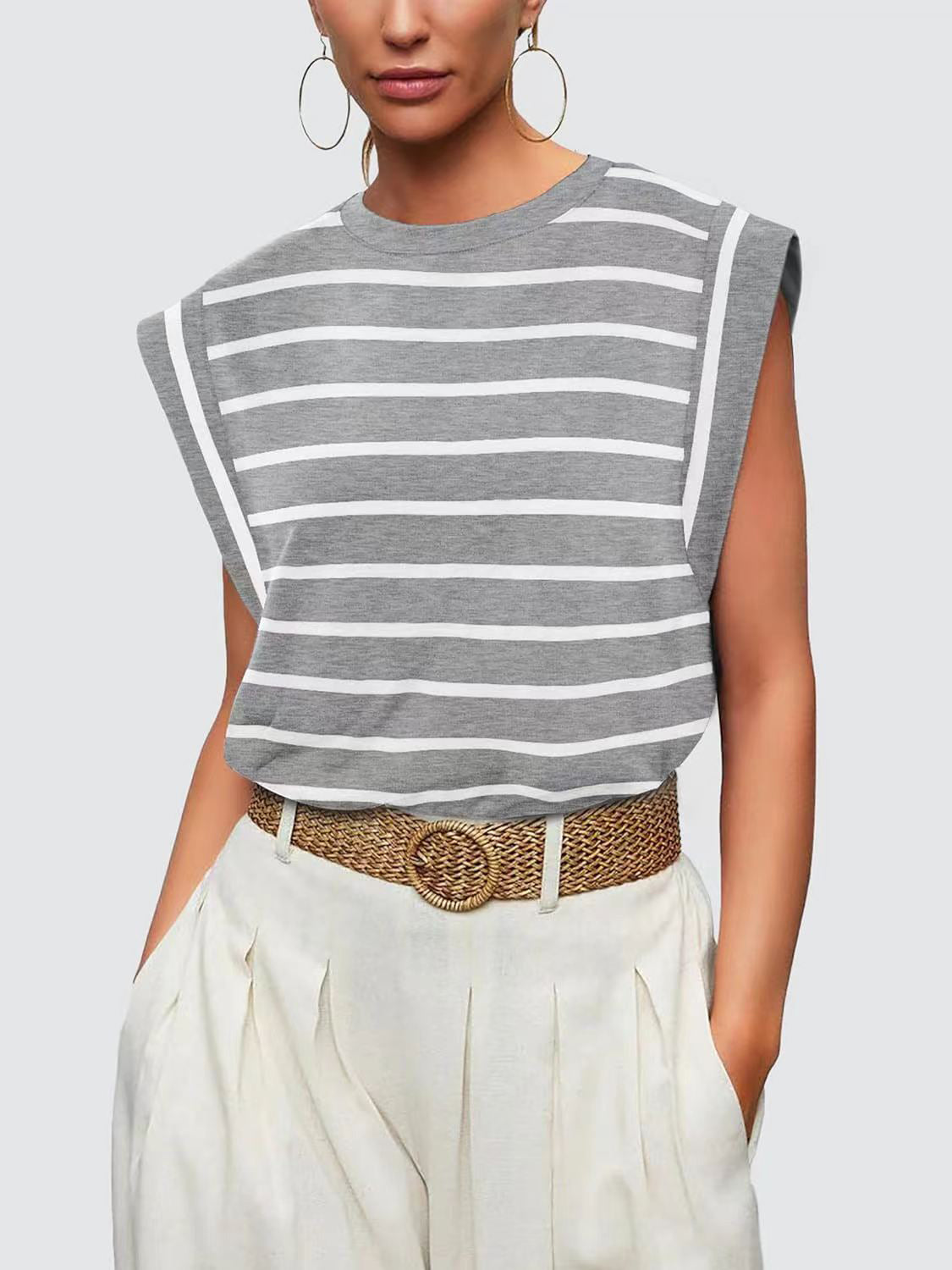 Striped Round Neck Cap Sleeve T-Shirt Trandify deal