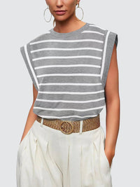 Striped Round Neck Cap Sleeve T-Shirt Trandify deal