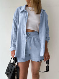 Texture Button Up Shirt and Drawstring Shorts Set Trandify deal