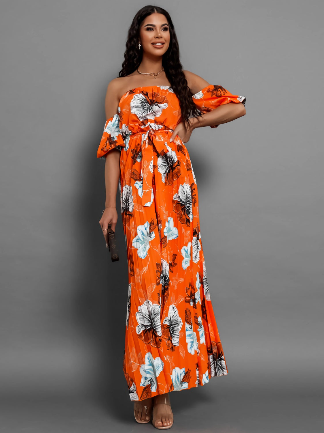 Pleated Floral Off-Shoulder Short Sleeve Midi Dress Trandify deal