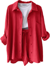 Trendy linen-blend two-piece set for women, stylish matching shirt and shorts
