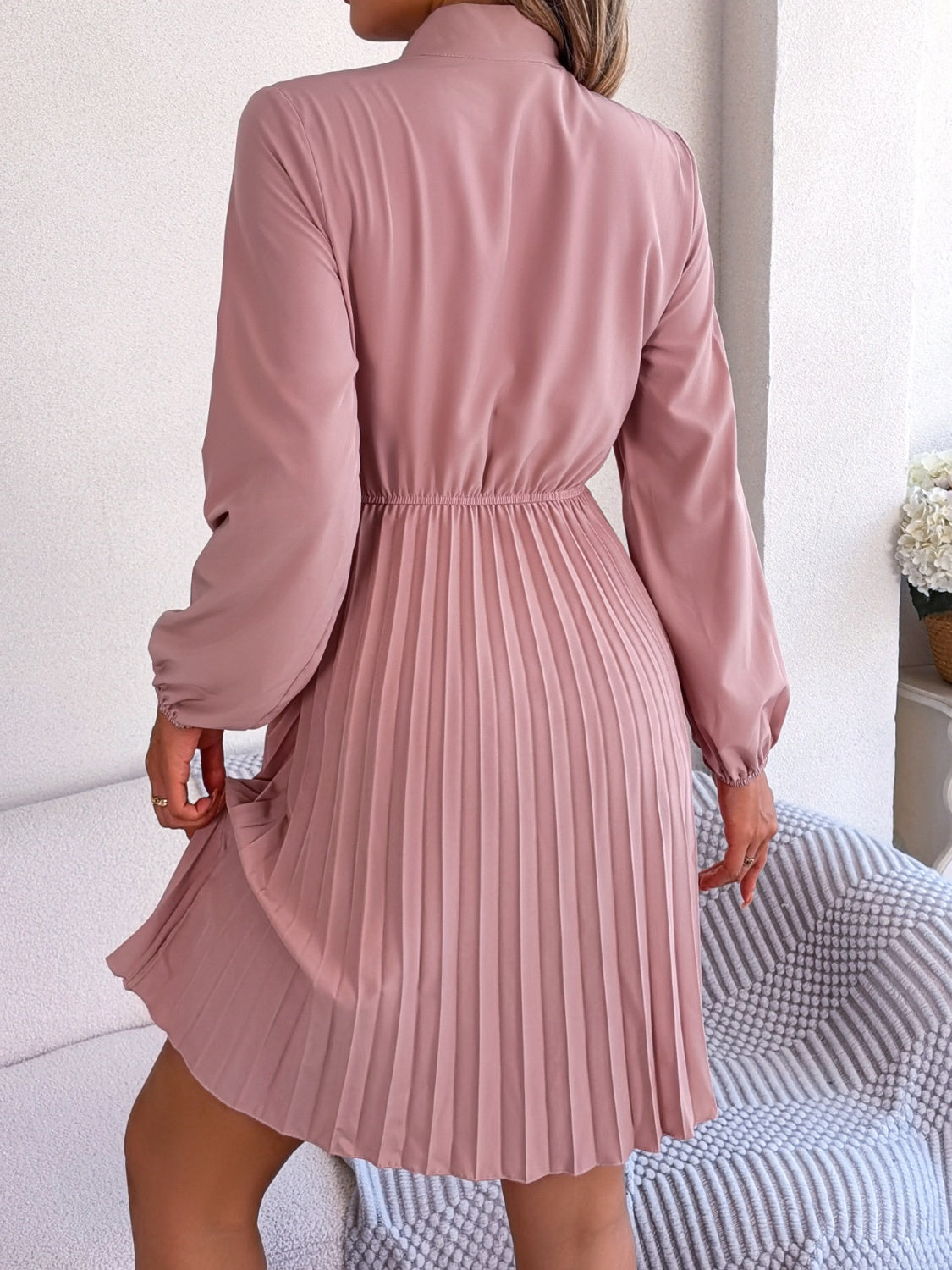 Tie Neck Balloon Sleeve Pleated Dress Trandify deal