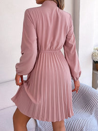 Tie Neck Balloon Sleeve Pleated Dress Trandify deal