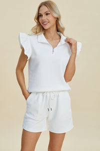 Double Take Texture Flounce Sleeve Top and Shorts Set - Trandify Deal