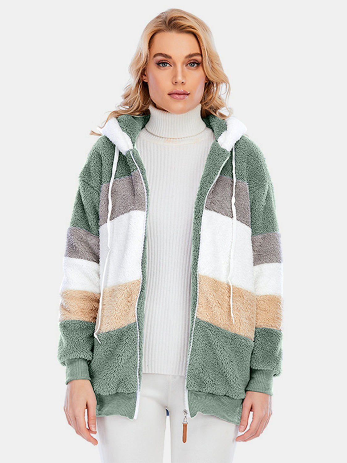 Full Size Drawstring Color Block Zip Up Hooded Outerwear Trandify Deal