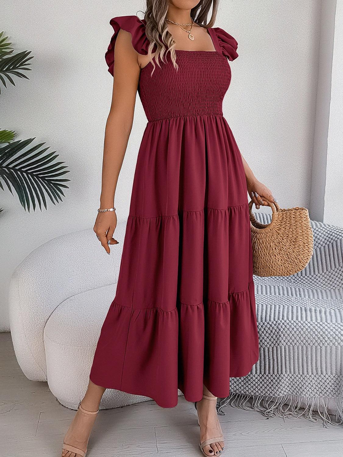 Smocked Square Neck Cap Sleeve Midi Dress Trandify deal