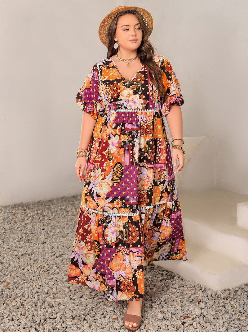 Plus Size Printed V-Neck Half Sleeve Maxi Dress Trandify Deal