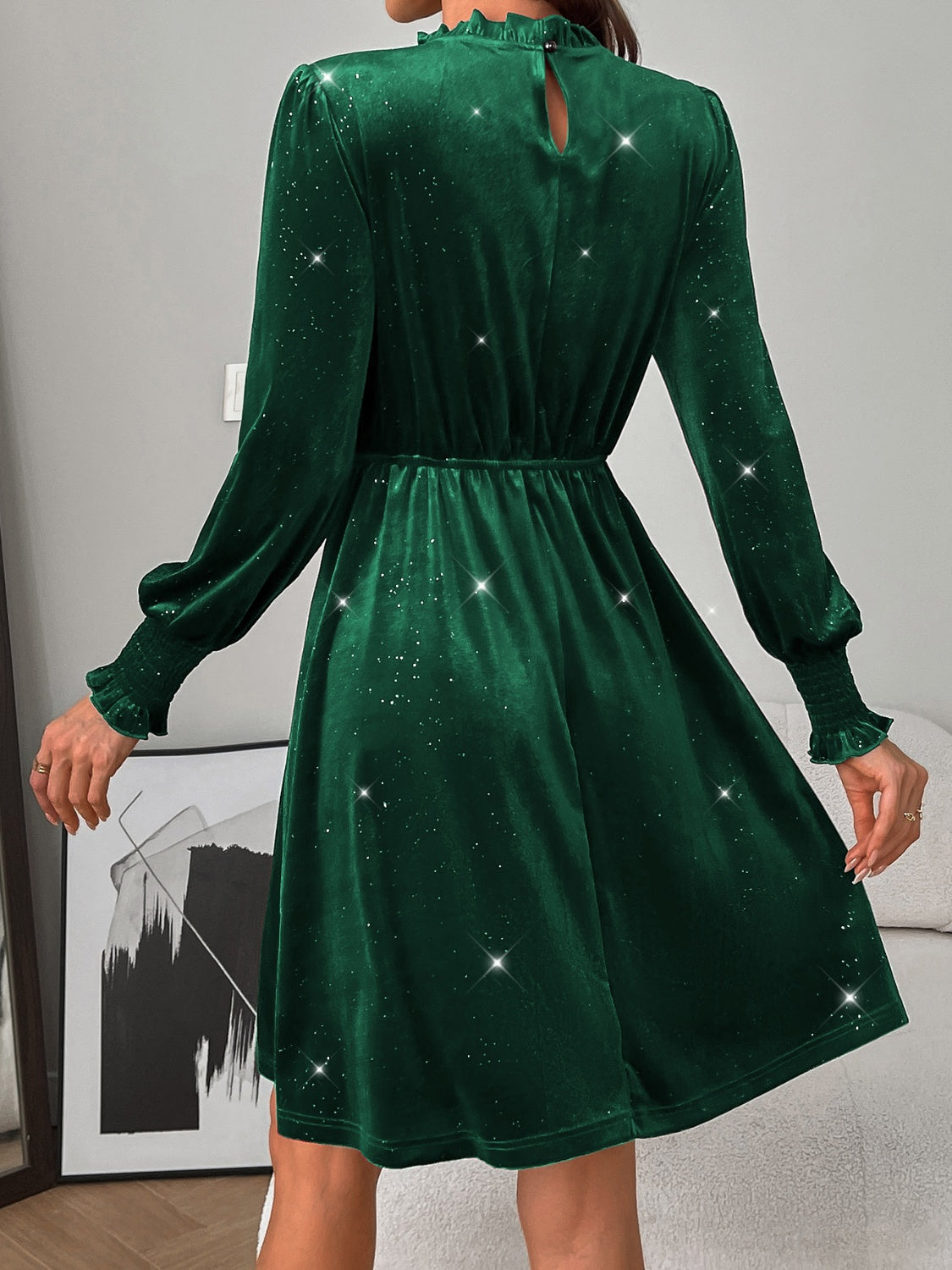 Glitter Mock Neck Long Sleeve Mini Dress Trandify Deal