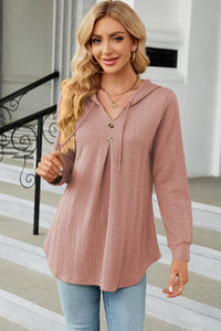 Decorative Button Drawstring Long Sleeve Hoodie Trendsi