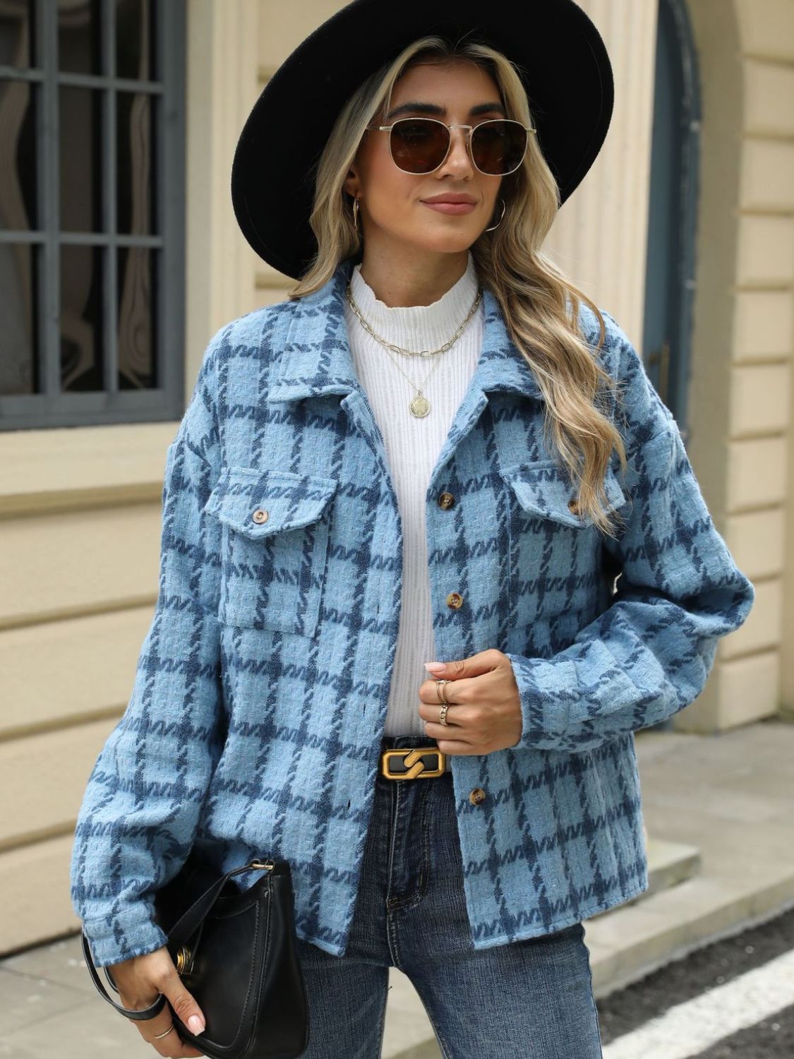 Plaid Collared Neck Long Sleeve Jacket Trandify Deal