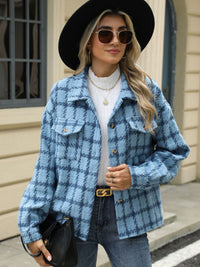 Plaid Collared Neck Long Sleeve Jacket Trandify Deal