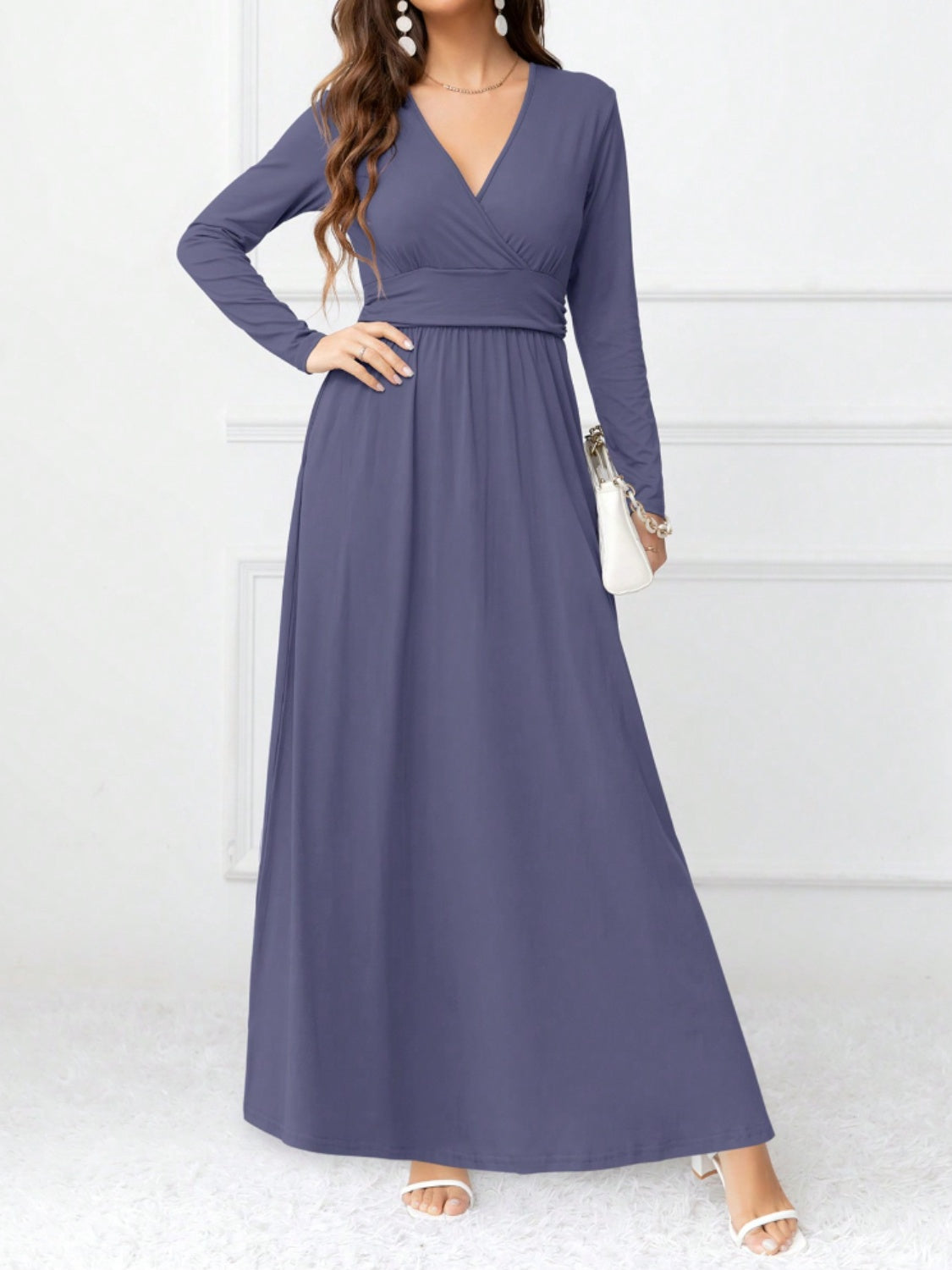 Pocketed Surplice Long Sleeve Maxi Dress Trandify Deal