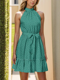 Frill Grecian Neck Tie Waist Mini Dress Trandify Deal