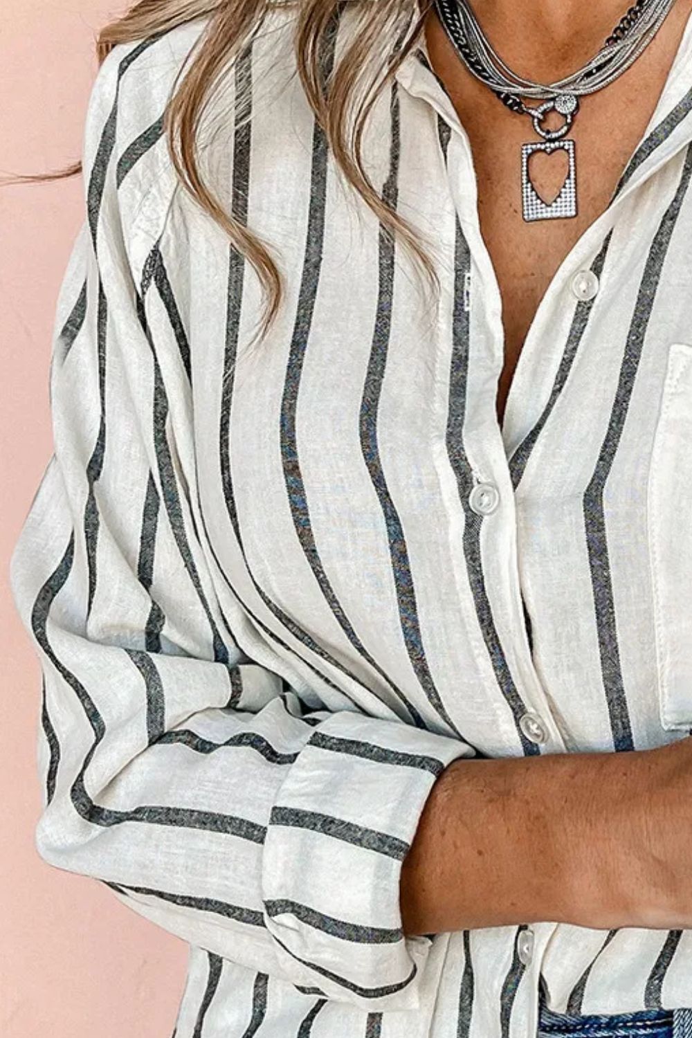 Pocketed Striped Collared Neck Long Sleeve Shirt Trandify Deal