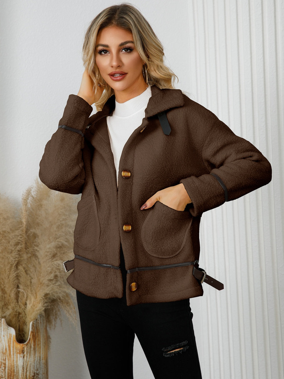 Pocketed Button Down Collared Neck Jacket Trandify Deal