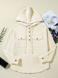 Drawstring Half Button Long Sleeve Hoodie Trandify Deal