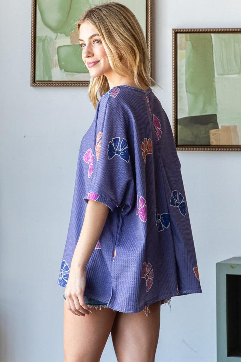 HOPELY Bow Print Waffle Side Slit T-Shirt Trandify Deal