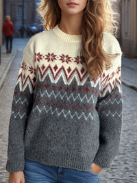 Chevron Contrast Round Neck Long Sleeve Sweater Trandify Deal