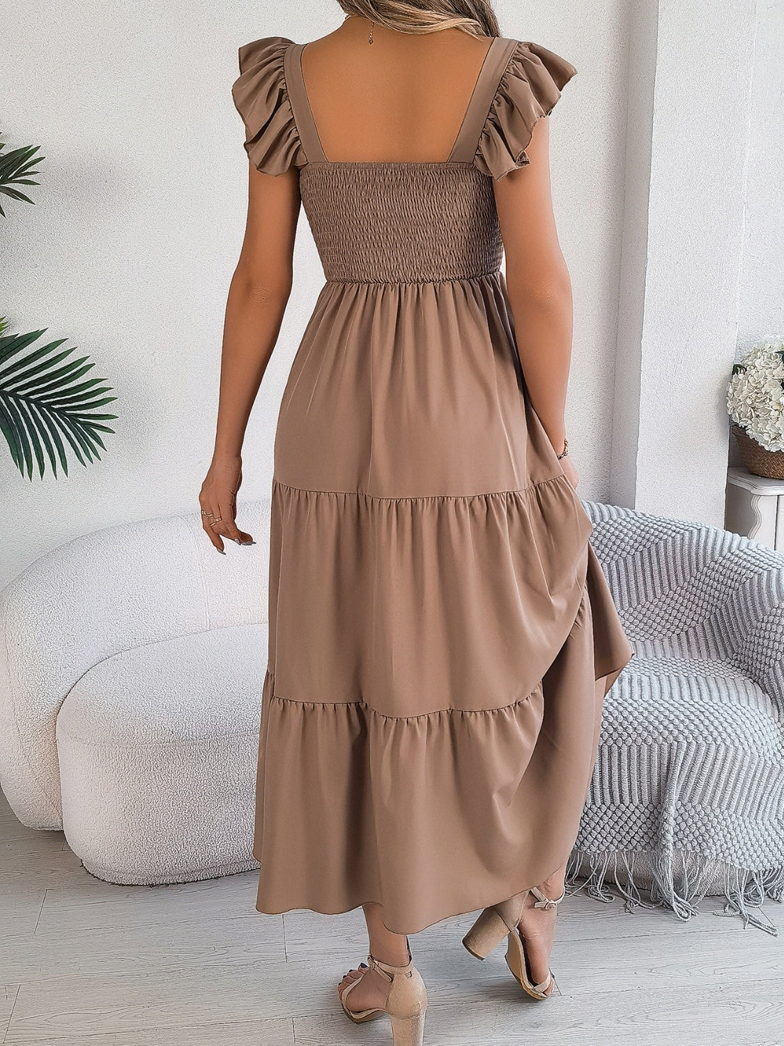 Smocked Square Neck Cap Sleeve Midi Dress Trandify deal
