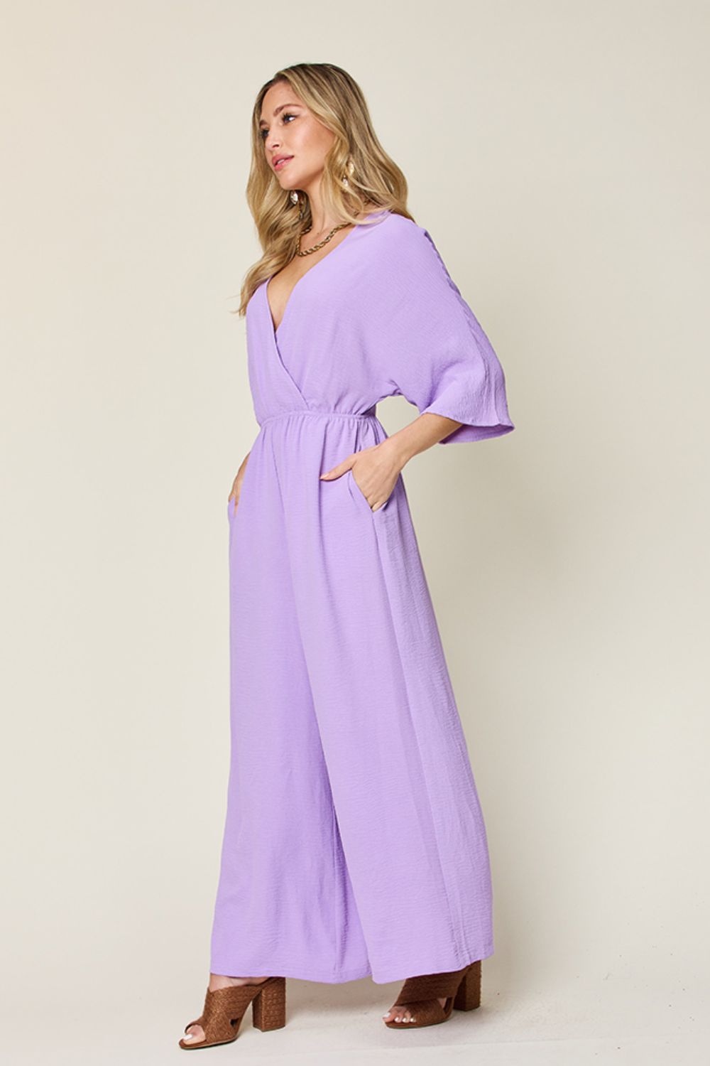 Double Take Full Size Surplice Wide Leg Jumpsuit with Pockets Trandify Deal