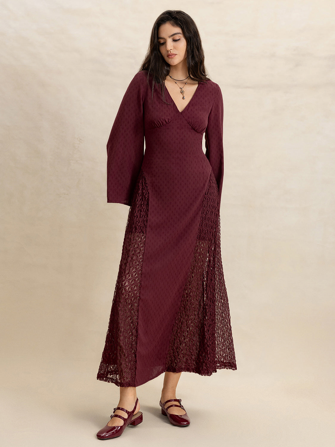 Lace Patchwork V-Neck Long Sleeve Midi Dress Trandify Deal