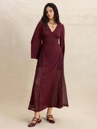Lace Patchwork V-Neck Long Sleeve Midi Dress Trandify Deal