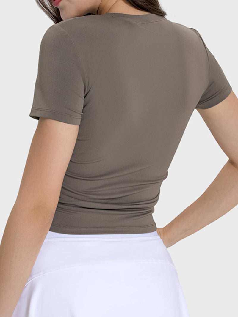 Millennia Ruched Round Neck Short Sleeve Active T-Shirt Trandify deal