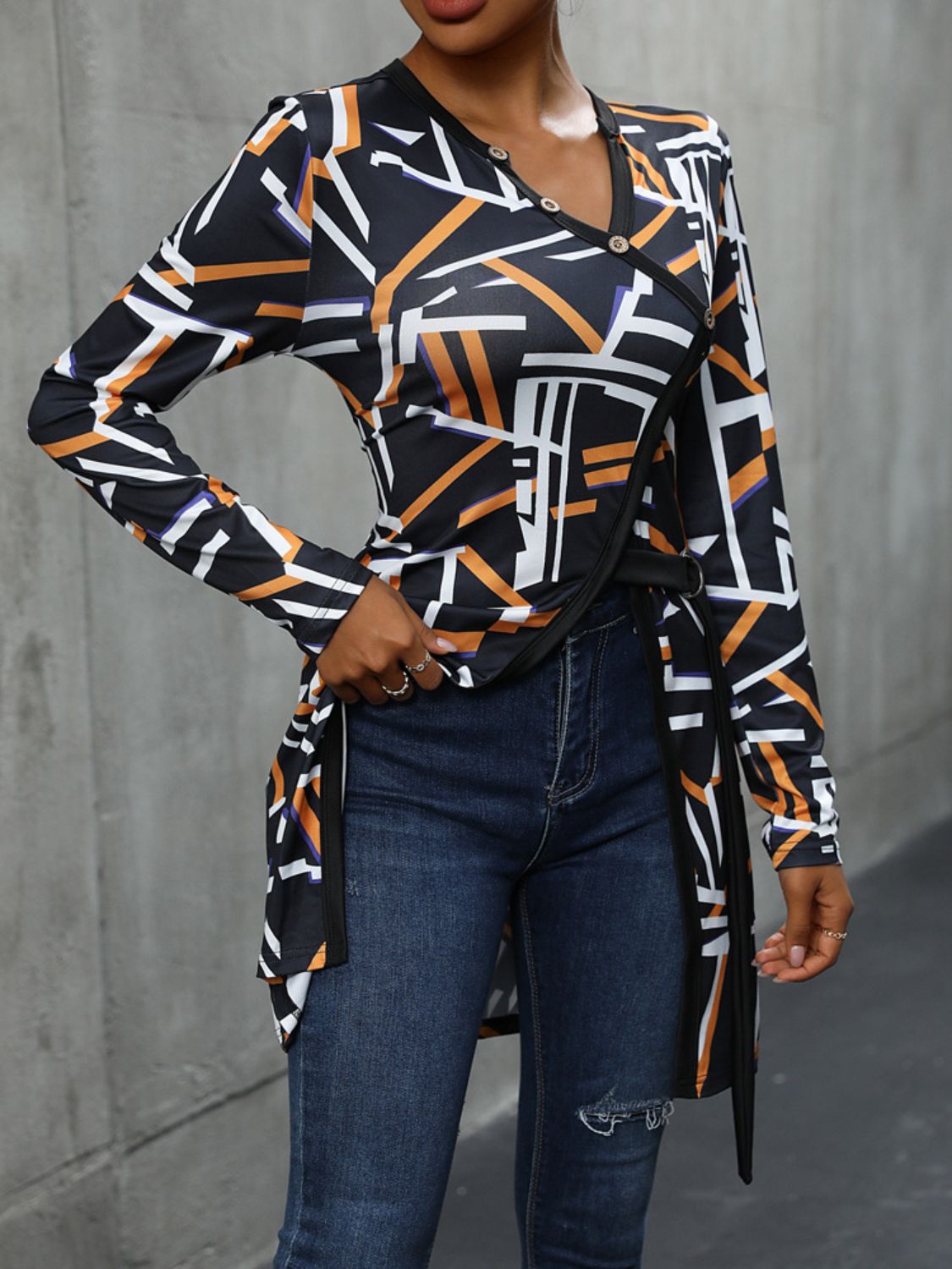 Perfee Geometric Surplice Long Sleeve T-Shirt Trandify deal