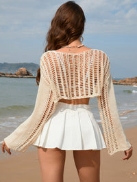 Openwork Boat Neck Long Sleeve Cover-Up Trandify deal