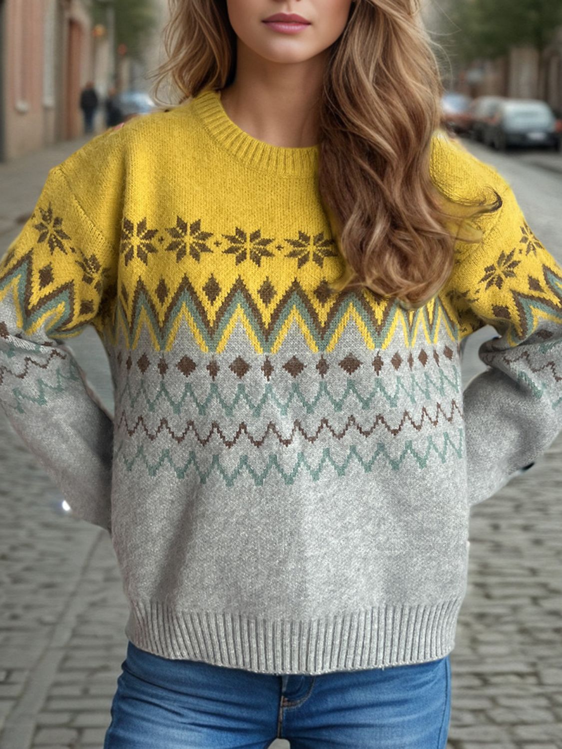 Chevron Contrast Round Neck Long Sleeve Sweater Trandify Deal