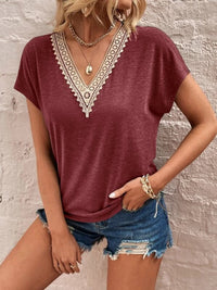 Full Size Lace Detail V-Neck Short Sleeve T-Shirt Trandify deal